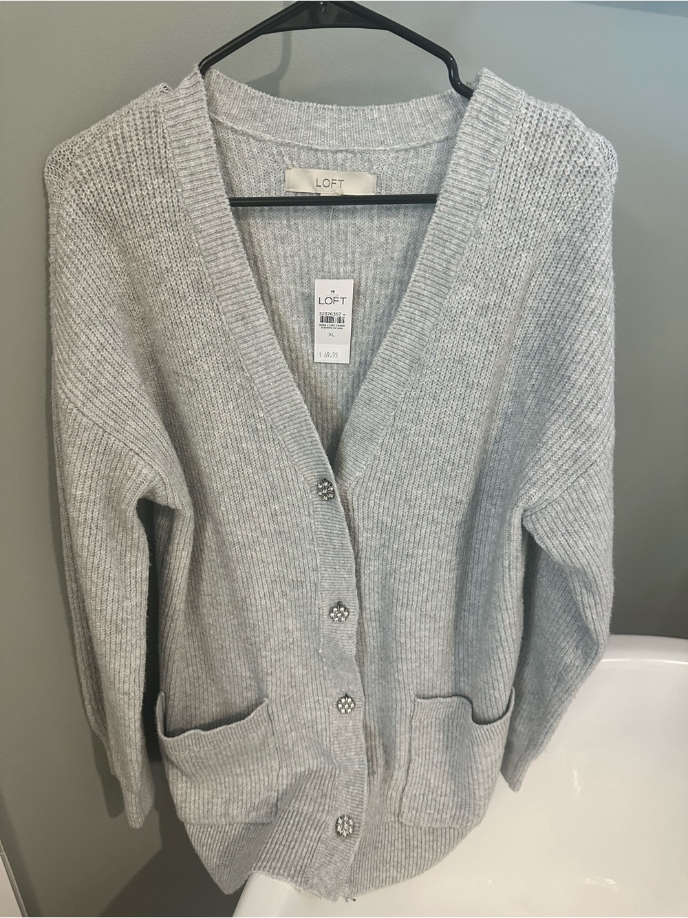 NWT LOFT Light Gray V-Neck sparkle Button Front Women's Cardigan Sweater
